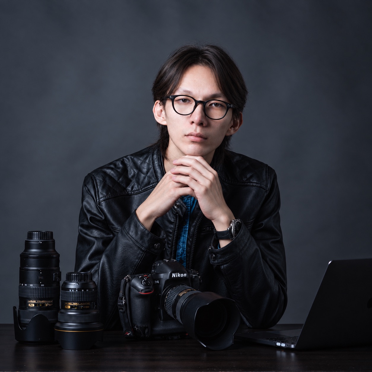 Kenny Thong seated with his camera, lenses and laptop.